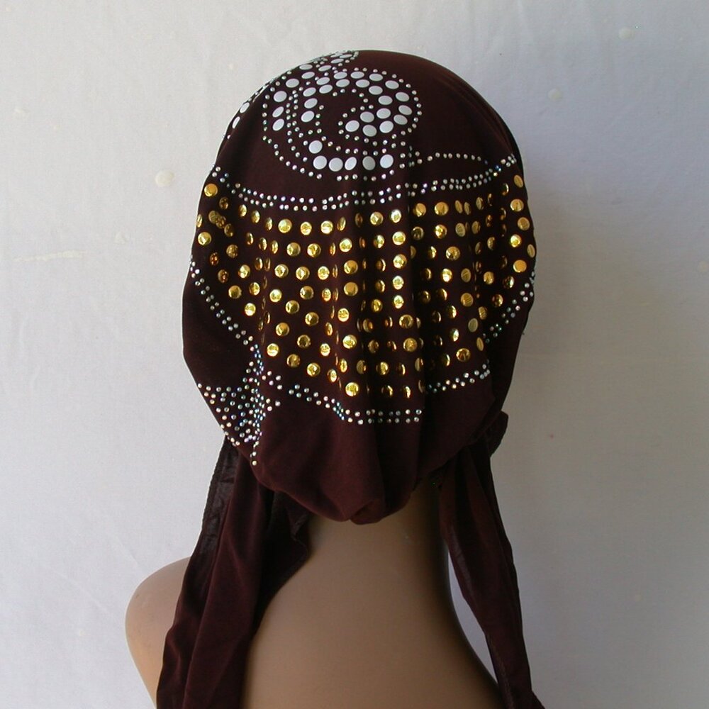 BROWN Pre-Tied Stud Chemo Cap Slip On Bonnet Hijab Undercap #1